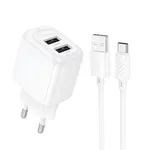 МЕРЕЖЕВИЙ ЗАРЯДНИЙ ПРИСТРІЙ HOCO CS51A SURPLUS DUAL-PORT CHARGER 2USB, 2,4A TYPE-C CABLE SET, БІЛИЙ
