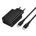 МЕРЕЖЕВИЙ ЗАРЯДНИЙ ПРИСТРІЙ HOCO CS95A LEADER PD30W, QC3.0, CHARGER SET (C TO C), (EU), ЧОРНИЙ