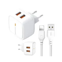 МЕРЕЖЕВИЙ ЗАРЯДНИЙ ПРИСТРІЙ XO L61 12W 2USB PORT 2.4A CHARGER WITH LIGHTNING CABLE, БІЛИЙ