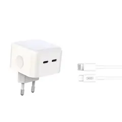 МЕРЕЖЕВИЙ ЗАРЯДНИЙ ПРИСТРІЙ XO L102 (EU) 35W DUAL TYPE-C PORT FAST CHARGER WITH LIGHTNING CABLE (NB113), БІЛИЙ