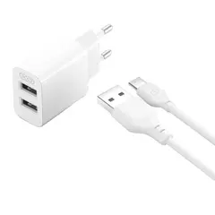 МЕРЕЖЕВИЙ ЗАРЯДНИЙ ПРИСТРІЙ XO L109 (EU) DUAL USB-A 2.4A CHARGER WITH TYPE-C CABLE, БІЛИЙ