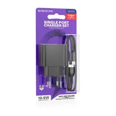 МЕРЕЖЕВИЙ ЗАРЯДНИЙ ПРИСТРІЙ BOROFONE BAS11A ERUDITE SINGLE PORT 1USB, 2.1A + CABLE MICRO, ЧОРНИЙ