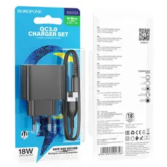 МЕРЕЖЕВИЙ ЗАРЯДНИЙ ПРИСТРІЙ BOROFONE BAS12A ERUDITE SINGLE PORT 18W, QC3.0, 1USB + MICRO, ЧОРНИЙ