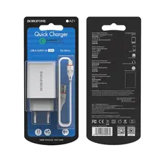 МЕРЕЖЕВИЙ ЗАРЯДНИЙ ПРИСТРІЙ BOROFONE BA21A LONG QC3.0 1USB, 3A, 18W + CABLE MICRO, БІЛИЙ