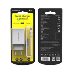 МЕРЕЖЕВИЙ ЗАРЯДНИЙ ПРИСТРІЙ BOROFONE BA21A LONG QC3.0 1USB, 3A, 18W + CABLE TYPE-C, БІЛИЙ