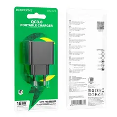 МЕРЕЖЕВИЙ ЗАРЯДНИЙ ПРИСТРІЙ BOROFONE BAS12A ERUDITE SINGLE PORT 18W, QC3.0, 1USB, ЧОРНИЙ