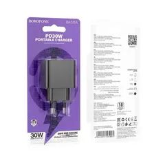 МЕРЕЖЕВИЙ ЗАРЯДНИЙ ПРИСТРІЙ BOROFONE BAS15A ERUDITE SINGLE PORT PD30W, ЧОРНИЙ