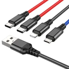КАБЕЛЬ HOCO X76 4IN1 SUPER CHARGING CABLE (TYPE-C+TYPE-C+IP+MICRO) 2A, 1M, ЧОРНИЙ, ЧЕРВОНИЙ, СИНІЙ