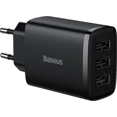 МЕРЕЖЕВИЙ ЗАРЯДНИЙ ПРИСТРІЙ BASEUS COMPACT CHARGER 3-USB 17W EU, ЧОРНИЙ CCXJ020101
