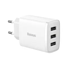 МЕРЕЖЕВИЙ ЗАРЯДНИЙ ПРИСТРІЙ BASEUS COMPACT CHARGER 3-USB 17W EU, БІЛИЙ CCXJ020102