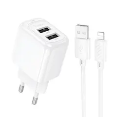 МЕРЕЖЕВИЙ ЗАРЯДНИЙ ПРИСТРІЙ HOCO CS51A SURPLUS DUAL-PORT CHARGER 2USB, 2,4A LIGHTNING CABLE SET, БІЛИЙ