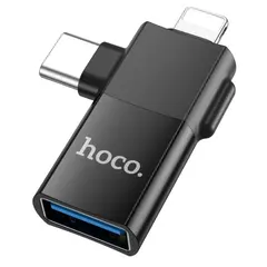 ПЕРЕХІДНИК HOCO UA17 IP MALE, TYPE-C MALE TO USB FEMALE TWO-IN-ONE ADAPTER, ЧОРНИЙ