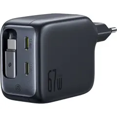 МЕРЕЖЕВИЙ ЗАРЯДНИЙ ПРИСТРІЙ BASEUS ENERCORE CJ11 FAST CHARGER WITH RETRACTABLE CABLE 3C 67W EU, ЧОРНИЙ E0121E00