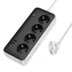МЕРЕЖЕВИЙ ПОДОВЖУВАЧ HOCO AC22 SUNLIGHT 4-BIT (PD30W, 1C3A) DESKTOP SOCKET (EU, GER), (L=3M), ЧОРНИЙ