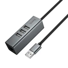 ХАБ HUB HOCO HB1D 4IN1 CONVERTER (USB TO USB2.0*3+RJ45) METAL, СІРИЙ