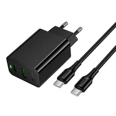 МЕРЕЖЕВИЙ ЗАРЯДНИЙ ПРИСТРІЙ HOCO CS95A LEADER PD30W, QC3.0, CHARGER SET (C TO C), (EU), ЧОРНИЙ