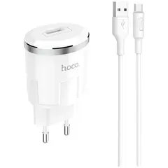 MR3_104739 Мережевий зарядний пристрій hoco c37a thunder power charger 2.4a 1usb, кабель micro білий HOCO