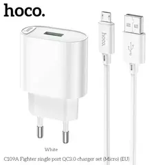 MR4_146026 Мережевий зарядний пристрій hoco c109a fighter 1usb, 18w, qc3.0, micro cable білий HOCO