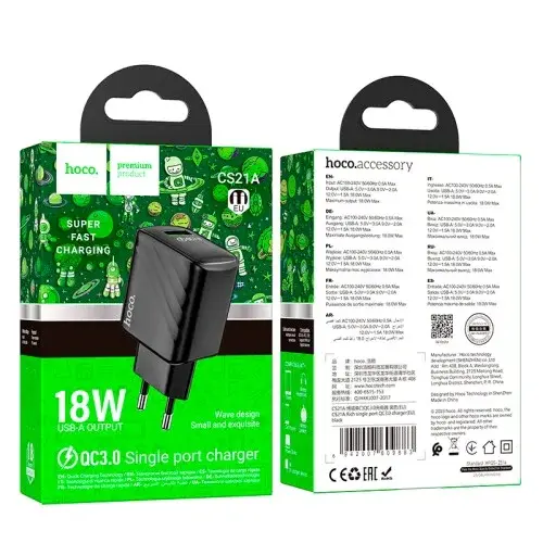MR4_131813 Мережевий зарядний пристрій hoco cs21a rich single port qc3.0 charger (eu), чорний HOCO