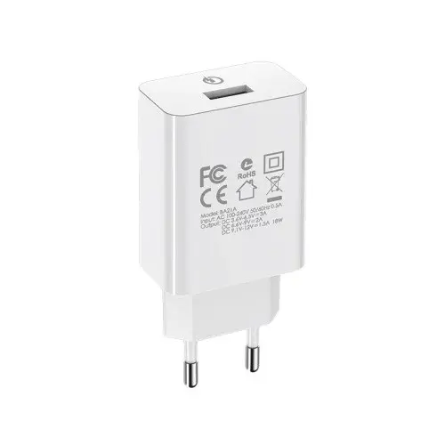MR4_137584 Мережевий зарядний пристрій borofone ba21a long qc3.0 1usb, 3a, 18w, білий BOROFONE