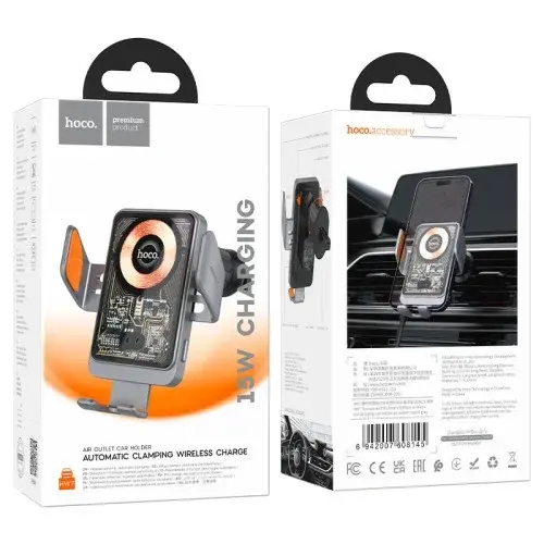 MR4_138117 Автомобільний зарядний пристрій бездротовий hoco hw7 transparent discovery edition wireless fast charging, чорний HOCO