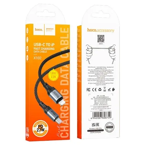 MR4_142090 Кабель pd hoco x102 fresh pd charging data cable lightning 27w, 1 m, чорний HOCO