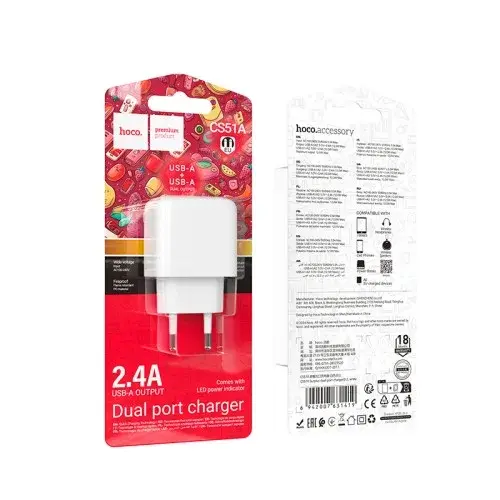 MR4_142091 Мережевий зарядний пристрій hoco cs51a surplus dual-port charger 2usb, 2.4a, білий HOCO
