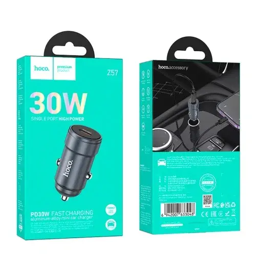MR4_142606 Автомобільний зарядний пристрій hoco z57 glorious single-port pd30w car charger metal, сірий HOCO