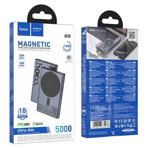 MR4_143167 Зовнішній акумулятор power bank hoco q32 bird pd20w wireless magnetic power bank (5000mah) metal, сірий HOCO
