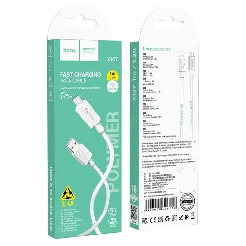 MR4_144025 Кабель hoco x107 favor charging data cable micro 3a, 1 m, білий HOCO