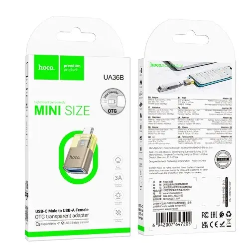 MR4_145289 Перехідник otg hoco ua36b c male to usb female otg transparent adapter, чорний HOCO