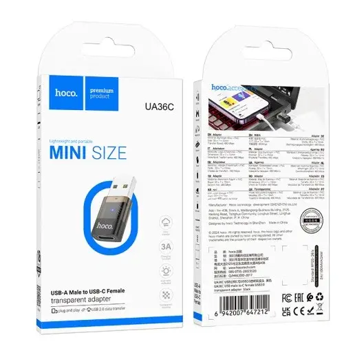 MR4_145613 Перехідник hoco ua36c usb male to c female usb2.0 transparent adapter, чорний HOCO