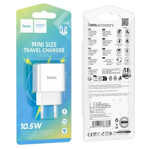 MR4_146025 Мережевий зарядний пристрій hoco c106a leisure 1usb, 2, 1a, білий HOCO