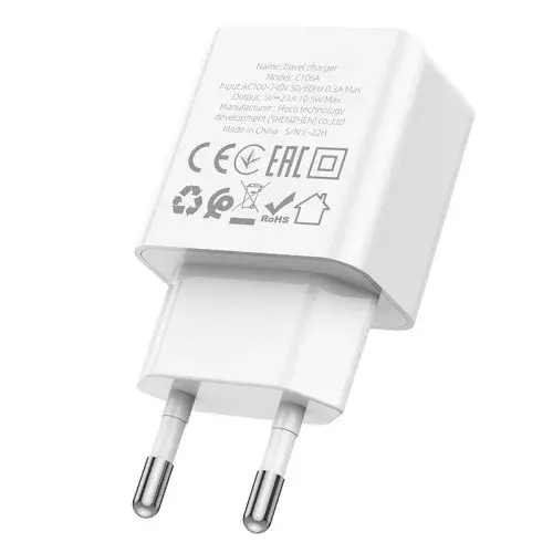 MR4_146025 Мережевий зарядний пристрій hoco c106a leisure 1usb, 2, 1a, білий HOCO
