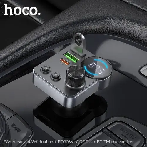 MR4_146739 Fm-трансмітер hoco e86 alegria, car charger, 2xusb-a, 1xtype-c, 48w dual port pd30w, qc3.0, чорний HOCO