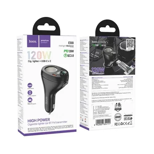 MR4_146743 Fm-трансмітер hoco e88 star car charger, 1xusb-a, 2xtype-c, 35w (2c) cigarette lighter, чорний HOCO