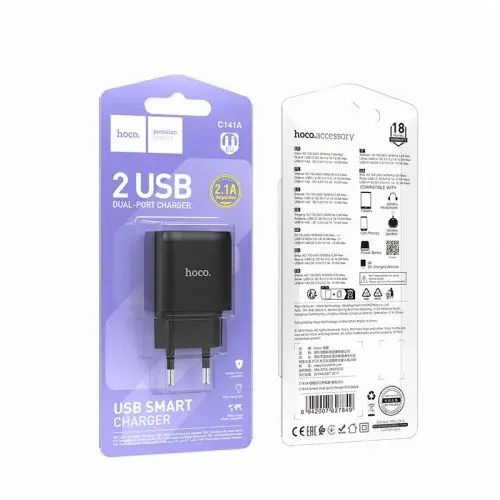 MR4_151544 Мережевий зарядний пристрій hoco c141a smart dual-port charger (eu) 5v, 2.1a, чорний HOCO