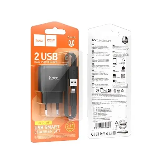 MR4_151545 Мережевий зарядний пристрій hoco c141a smart dual-port charger set 5v, 2.1a, lightning, чорний HOCO