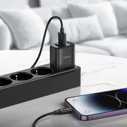 MR4_151545 Мережевий зарядний пристрій hoco c141a smart dual-port charger set 5v, 2.1a, lightning, чорний HOCO