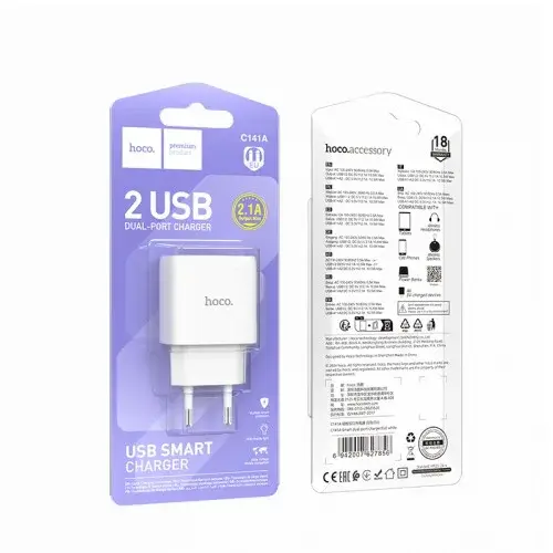 MR4_152119 Мережевий зарядний пристрій hoco c141a smart dual-port charger (eu) 5v, 2.1a, білий HOCO
