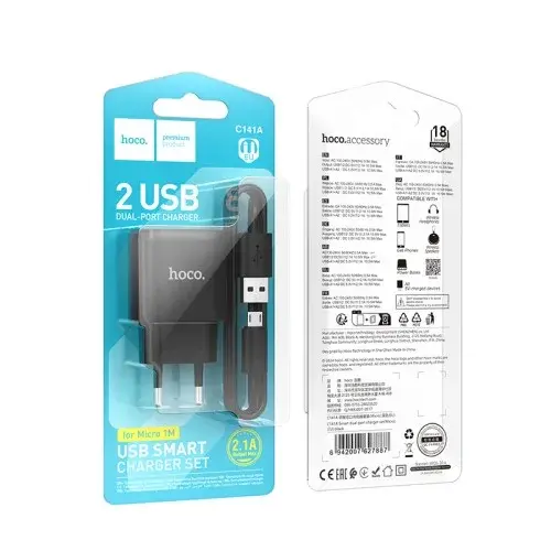 MR4_152123 Мережевий зарядний пристрій hoco c141a smart dual-port charger set 5v, 2.1a +micro, чорний HOCO