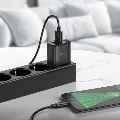 MR4_152123 Мережевий зарядний пристрій hoco c141a smart dual-port charger set 5v, 2.1a +micro, чорний HOCO