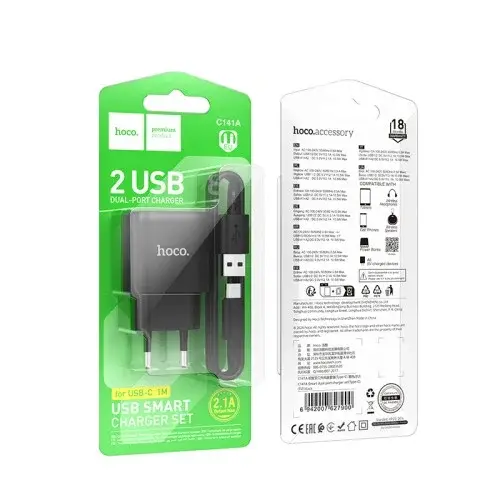 MR4_152124 Мережевий зарядний пристрій hoco c141a smart dual-port charger set 5v, 2.1a, type-c cable, чорний HOCO