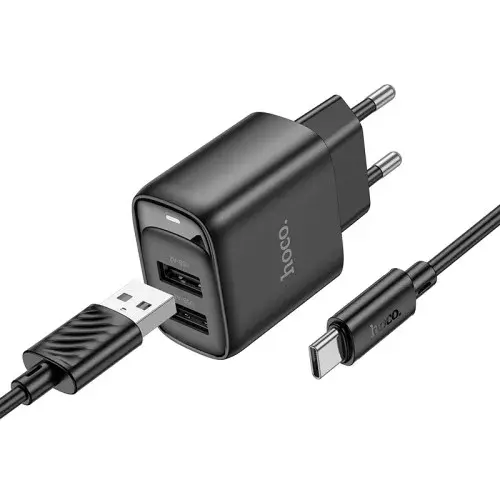 MR4_152124 Мережевий зарядний пристрій hoco c141a smart dual-port charger set 5v, 2.1a, type-c cable, чорний HOCO