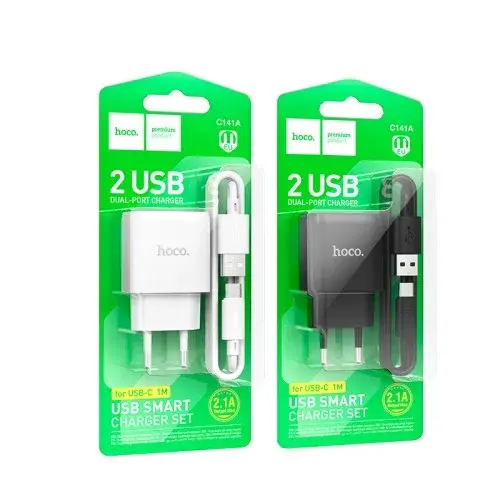 MR4_152125 Мережевий зарядний пристрій hoco c141a smart dual-port charger set 5v, 2.1a, type-c cable, білий HOCO