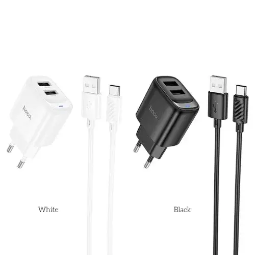 MR4_152125 Мережевий зарядний пристрій hoco c141a smart dual-port charger set 5v, 2.1a, type-c cable, білий HOCO