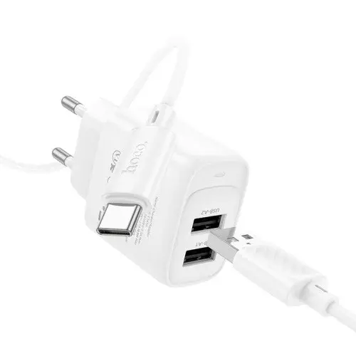 MR4_152125 Мережевий зарядний пристрій hoco c141a smart dual-port charger set 5v, 2.1a, type-c cable, білий HOCO