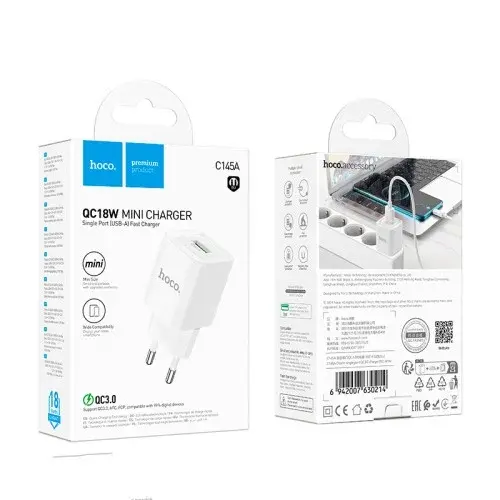 MR4_152405 Мережевий зарядний пристрій hoco c145a charm single port qc3.0 charger, білий HOCO