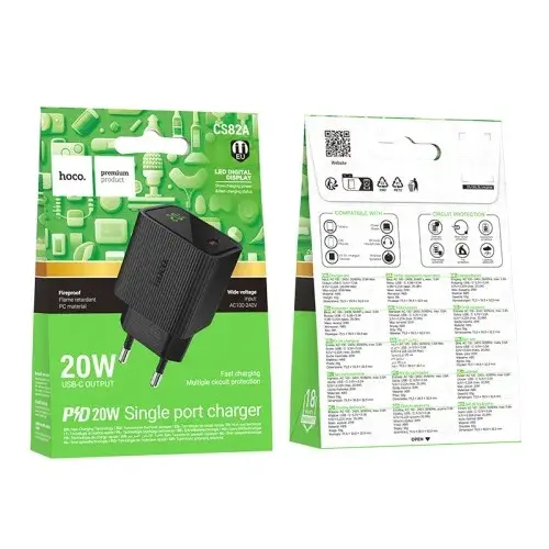 MR4_153034 Мережевий зарядний пристрій hoco cs82a excellent single port pd20w charger with digital display (eu), чорний HOCO