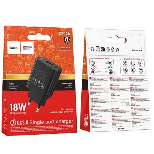 MR4_153043 Мережевий зарядний пристрій hoco cs92a leader single port qc3.0 charger (eu), чорний HOCO